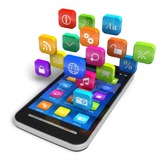 Smartphone com ícones de aplicativos flutuando